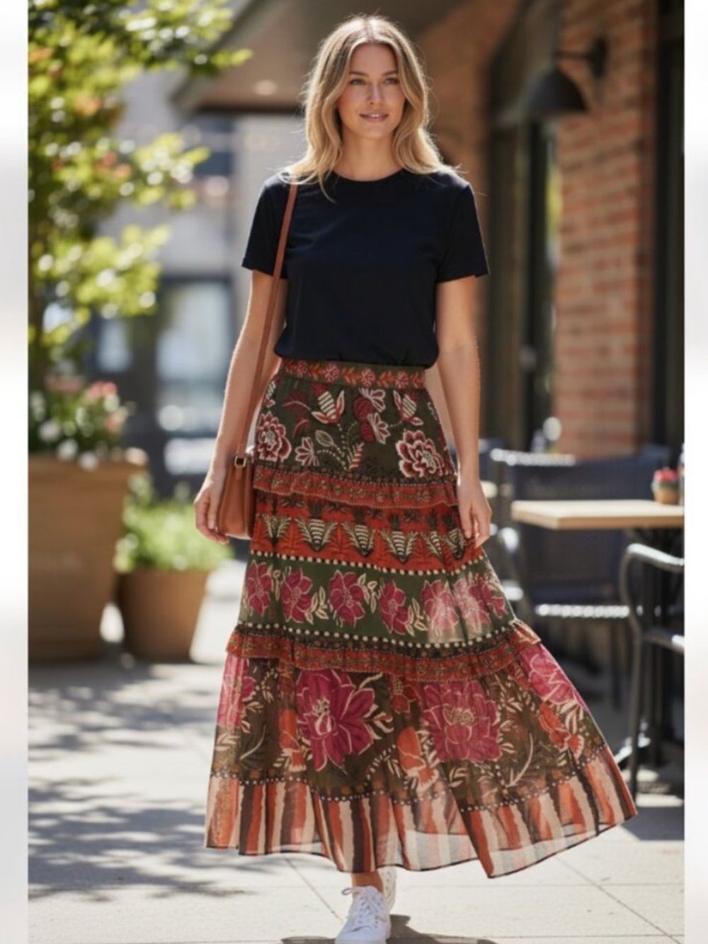 Farm Rio Ainika Floral Garden Tiered Maxi Skirt, Size Extra Large